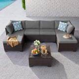 Asofer 7-Piece Patio Furniture Set with Rattan Sofa & Thickened Cushions & Coffee Table for Garden, Backyard, Gray