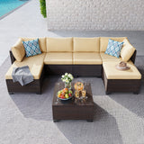 Asofer 7-Piece Patio Furniture Set with Rattan Sofa & Thickened Cushions & Coffee Table for Garden, Backyard, Beige