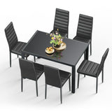 Glass Dining Table Set for 6 People, PU Leather Kitchen Table with 6 Chairs