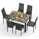 Glass Dining Table Set for 6 People, PU Leather Kitchen Table with 6 Chairs, Marble