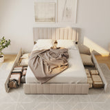 Asofer Modern Queen Bed Frame with Adjustable Headboard and 4 Metal Storage Drawers, No Noisy, No Box Spring, Beige