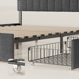 Asofer Full Size Bed Frame with 4 Storage Drawers on Wheels, Adjustable Headboard, Wooden Slats, Fits 6" to 12" Mattresses,Dark Gray