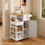 17.7" x 33" Kitchen Island Cart on Wheels with Towel Bar and Hooks, Rolling Mobile Serving Utility Cart with Drawer and Adjustable Shelves - White