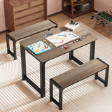 63" Dining Table Set for 4, Kitchen Table with 2 Benches, Extendable Kitchen Table Set with Metal Frame for Breakfast Nook and Small Space - Gray