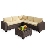 Patio Furniture Set, Asofer 6-PCS Outdoor Sectionals with Rattan Sofa & Thickened Cushions & Coffee Table for Garden, Backyard, Beige