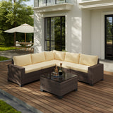Patio Furniture Set, Asofer 6-PCS Outdoor Sectionals with Rattan Sofa & Thickened Cushions & Coffee Table for Garden, Backyard, Beige