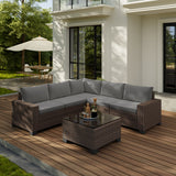 Patio Furniture Set, Asofer 6-PCS Outdoor Sectionals with Rattan Sofa & Thickened Cushions & Coffee Table for Garden, Backyard, Gray