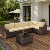 Patio Furniture Set, Asofer 6-PCS Outdoor Sectionals with Rattan Sofa & Thickened Cushions & Coffee Table for Garden, Backyard, Beige