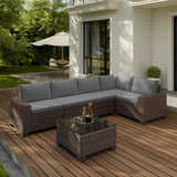 Patio Furniture Set, Asofer 6-PCS Outdoor Sectionals with Rattan Sofa & Thickened Cushions & Coffee Table for Garden, Backyard, Gray