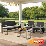 4 Pieces Patio Furniture Set, Rocking Wicker Modern Conversation Set with Tea Table for Home,Lawn,Balcony, Bistro - Gray