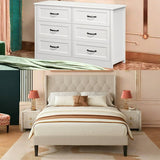 Jolifa Bedroom Furniture Set,Beige Full Size Bed Frame,White 6 Drawer Dresser with Metal Handle,for Small Space|Bedroom|Studio