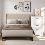 Jolifa Bedroom Furniture Set,Beige Full Size Bed Frame,White Wood 5 Drawer Dresser for Small Space,Apartment,Studio