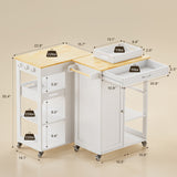 23"L Kitchen Island Cart with 4 Universal Wheels, Kitchen Storage Cart with 3 Open Shelves, 1 Storage Cabinet, 1 Drawer, Tower Rack, 3 Side Hooks - White