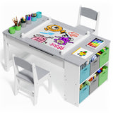 Kids Art Table and Chair Set with Easel, Lofka Kids Desk with 2 Chairs & Storage Bins, Toddler Table and Chair Set for Reading, Craft, Drawing, White