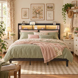 King Size Bed Frame, Lofka Platfrom Bed Frame with Upholstered Storage Headboard and Led Lights for Apartment and Bedroom, Dark Gray