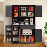 Kitchen Pantry Cabinet, 67" Tall Coffee Bar Cabinet with Microwave Shelf 5 Doors, 1 Drawers, 15 shelves, 2 Wine glass rack, Black