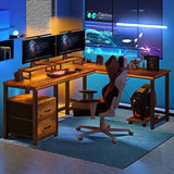 L Shaped Computer Gaming Desk with Power Outlets and USB Charging Ports for Home Office, Retro Brown