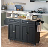 Kitchen Island with Storage, Mobile Kitchen Island Side Table on Wheels with Rubber Wood Drop-leaf Countertop , Side Rack and Drawer and for Kitchen,Dining Room - Black