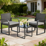 Aiho 3 Pieces Outdoor Bistro Set with Glass Table, Patio Rattan Furniture Set with Soft Cushions for Balcony, Backyard, Garden, Pool, Gray
