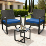 Aiho outdoor rocking chairs set of 3 with PE Wicker, All-Weather outdoor patio furniture set with a Tempered Glass Table and Soft cushions, For Outdoor Garden, Backyard, Poolside, Balcony, Patio and Porch-Blue