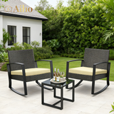 Aiho outdoor rocking chairs set of 3 with PE Wicker, All-Weather outdoor patio furniture set with a Tempered Glass Table and Soft cushions, For Outdoor Garden, Backyard, Poolside, Balcony, Patio and Porch-Beige
