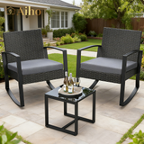 Aiho outdoor rocking chairs set of 3 with PE Wicker, All-Weather outdoor patio furniture set with a Tempered Glass Table and Soft cushions, For Outdoor Garden, Backyard, Poolside, Balcony, Patio and Porch-Gray