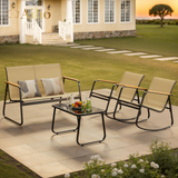 4-piece Rocking Patio Furniture Set, Patio Chairs Conversation Set with 1 Loveseat, 2 patio rocking chairs, 1 Tempered Glass Coffee Table for Lawn, Garden, Balcony, Poolside - Brown