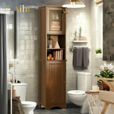 67.1 " Bathroom Storage Cabinet with Open Shelves, Linen Cabinet for Bathroom, Freestanding - Brown