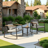 Aiho 3 Pieces Patio Furniture Set, Outdoor Wicker Rocking Chairs Set with Wooden Arm & Tea Table, Perfect for Garden, Yard, Gray