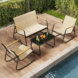 4 Piece Outdoor Rocking Bistro Set, Textilene Fabric Small Patio Furniture Set, Front Porch Rocker Chairs Conversation Set with Table for Lawn, Garden, Balcony, Poolside -Brown