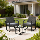 3-Piece Outdoor Rocking Chairs Set with Glass Coffee Table, Aiho Outdoor Patio Furniture Set with Soft Cushion for Garden, Backyard, Poolside, Balcony-Gray