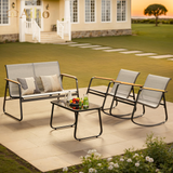 4-piece Rocking Patio Furniture Set, Patio Chairs Conversation Set with 1 Loveseat, 2 patio rocking chairs, 1 Tempered Glass Coffee Table for Lawn, Garden, Balcony, Poolside - Grey