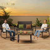 4-piece Rocking Patio Furniture Set, Patio Chairs Conversation Set with 1 Loveseat, 2 patio rocking chairs, 1 Tempered Glass Coffee Table for Lawn, Garden, Balcony, Poolside - Black