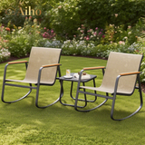 3 Piece Outdoor Rocking Bistro Set with Anti-Slip Strips, All-Weather Textilene Patio Set with Table for Lawn, Garden, Balcony, Poolside - Brown