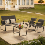 4-piece Rocking Patio Furniture Set, Patio Chairs Conversation Set with 1 Loveseat, 2 patio rocking chairs, 1 Tempered Glass Coffee Table for Lawn, Garden, Balcony, Poolside - Black