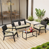 4-Piece Outdoor Patio Furniture Sets ，Modern Rattan Chair Conversation Sets with Soft Cushions, Glass Table and Comfortable Armrests for Balcony, Porch, and Garden - Beige