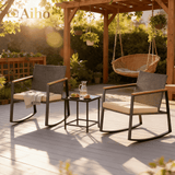 Aiho 3 Pieces Patio Furniture Set, Outdoor Wicker Rocking Chairs Set with Wooden Arm & Tea Table, Perfect for Garden, Yard, Beige