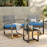 3 Pieces Patio Furniture Set, Rocking Rattan Conversation Set with Glass Table and Cushions，Outdoor Chairs Set for Garden, balcony, Yard, Poolside - Blue