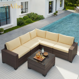 Aiho Outdoor Patio Furniture Set with All Weather Wicker, 6 Pieces Outdoor Sectional Sofa with Soft Cushions and Coffee Table, For Garden, Backyard, Poolside, Living Room, Patio, Porch and Balcony - Beige