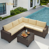 6-Piece Outdoor Patio Furniture Set, Pe Rattan Wicker Patio Sectional Conversation Sofa with Coffee Table for Garden, Backyard, Poolside, Lawn, Porch - Beige