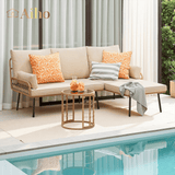 Aiho 3-Piece Outdoor Patio Conversation Set with All Weather PE Wicker, L-Shaped Outdoor Sectional Sofa with Soft Cushions & Glass Table, For Garden, Patio, Porch, Pool, Balcony, Backyard - Beige