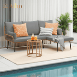 Aiho 3-Piece Outdoor Patio Conversation Set with All Weather PE Wicker, L-Shaped Outdoor Sectional Sofa with Soft Cushions & Glass Table, For Garden, Patio, Porch, Pool, Balcony, Backyard - Gray