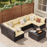 Aiho 7 Pieces Outdoor Sectional Sofa with Soft Cushions & Coffee Table, Pe Rattan Outdoor Patio Conversation Set, For Garden, Patio, Porch, Pool, Balcony, Backyard-Beige