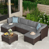 7 Pieces Outdoor Conversation Sectional Set, Patio Rattan Wicker Furniture Set with Pillows and Coffee Table for Garden, Backyard, Poolside, Lawn, Porch - Gray