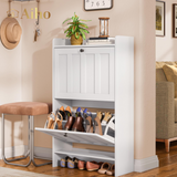 Aiho Shoe Storage Cabinet with 2 Flip Drawers, Narrow Shoe Cabinet with OPen Storage, Entryway Shoe Storage for Foyer, Hallway, Porch, Living Room, Balcony, Bedroom - White
