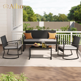 Aiho 4-piece patio conversation set with PE Rattan, outdoor patio furniture set with 2 Rocking chair and Tempered glass table, For Patio, Porch, Backyard, Balcony, Poolside, Garden-Gray