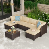 Aiho Outdoor Patio Furniture Set with All Weather Pe Rattan, 7- Piece Outdoor Sectional Sofa with Soft Chshions and Coffee Table, For Garden, Patio, Porch, Pool, Balcony, Backyard - Beige