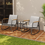 Aiho Outdoor Rocking Chairs Set of 3 with Breathable Textilene, Outdoor Patio Furniture Set with Tempered Glass Table, For Patio, Outdoor Garden, Lawns, Balcony, Backyard, Porch and Poolside-Gray