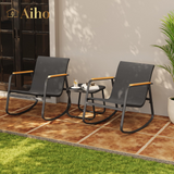 Aiho Outdoor Rocking Chairs Set of 3 with Breathable Textilene, Outdoor Patio Furniture Set with Tempered Glass Table, For Patio, Outdoor Garden, Lawns, Balcony, Backyard, Porch and Poolside-Black