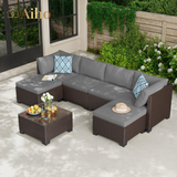 Aiho Outdoor Patio Furniture Set with All Weather Pe Rattan, 7- Piece Outdoor Sectional Sofa with Soft Chshions and Coffee Table, For Garden, Patio, Porch, Pool, Balcony, Backyard - Gray